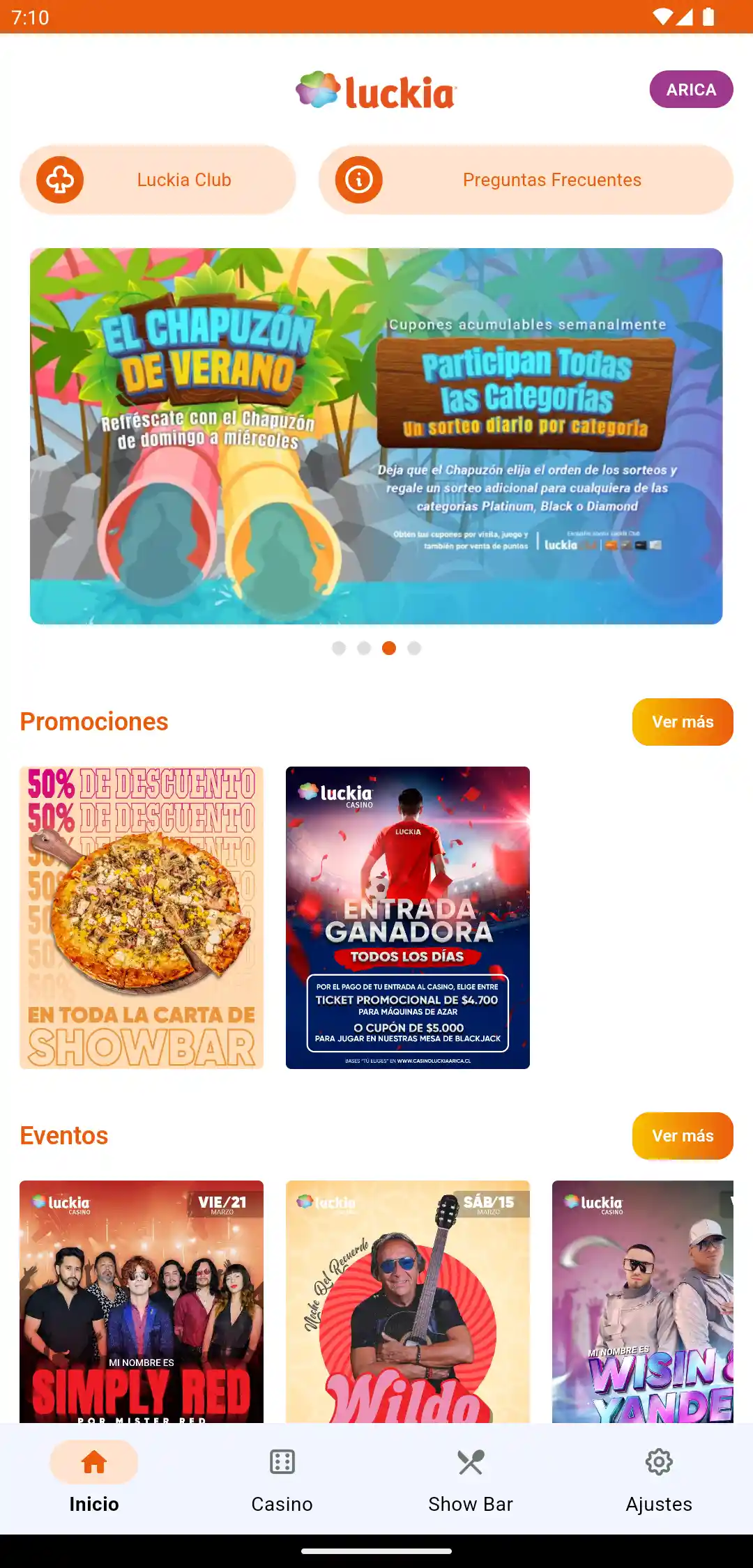 Pantalla de la sección de home de la app móvil Luckia Arica